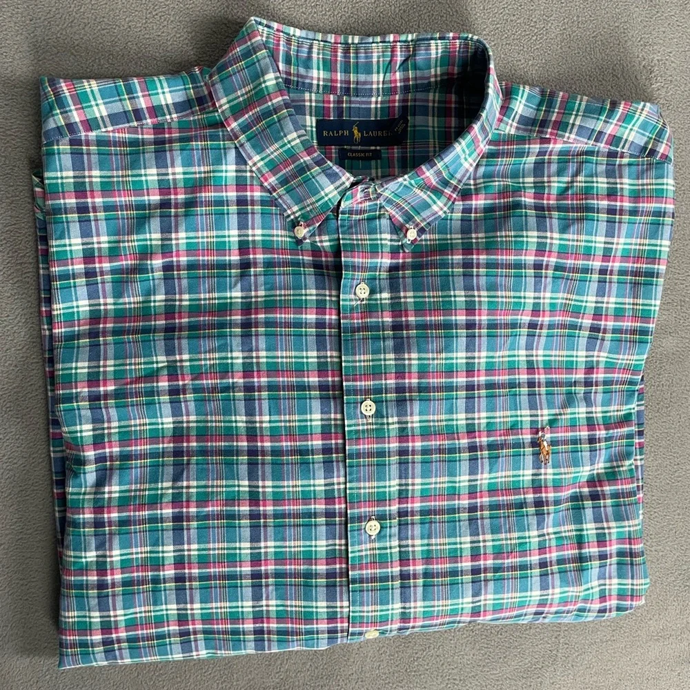 Ralph Lauren Men's Blue Green plaid button down sz 3xB classic fit flesh pony - Picture 1 of 10